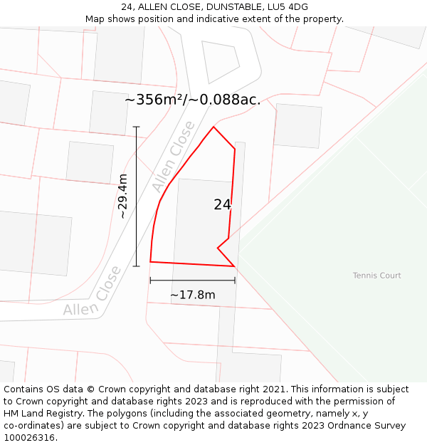 24, ALLEN CLOSE, DUNSTABLE, LU5 4DG: Plot and title map