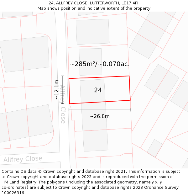24, ALLFREY CLOSE, LUTTERWORTH, LE17 4FH: Plot and title map