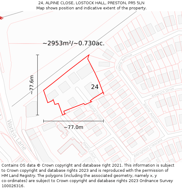 24, ALPINE CLOSE, LOSTOCK HALL, PRESTON, PR5 5LN: Plot and title map