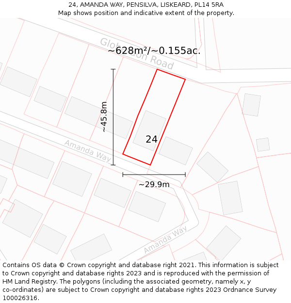 24, AMANDA WAY, PENSILVA, LISKEARD, PL14 5RA: Plot and title map