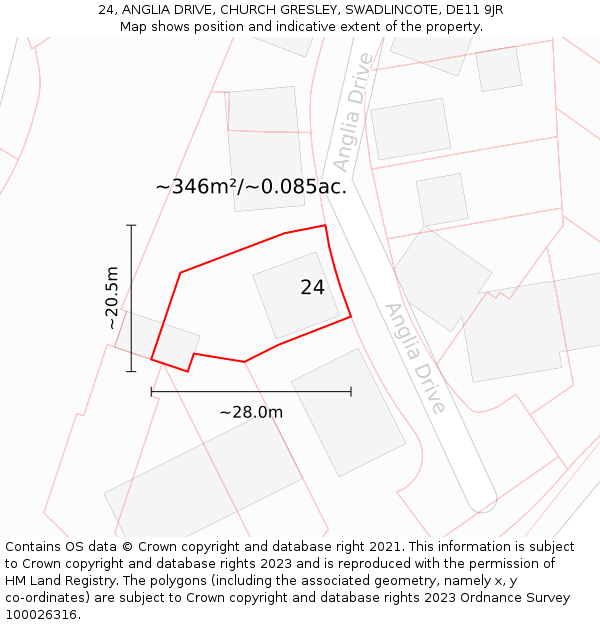 24, ANGLIA DRIVE, CHURCH GRESLEY, SWADLINCOTE, DE11 9JR: Plot and title map