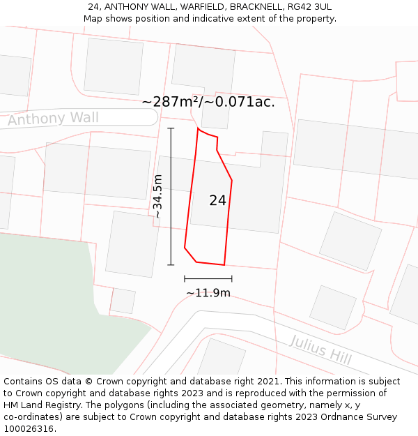 24, ANTHONY WALL, WARFIELD, BRACKNELL, RG42 3UL: Plot and title map