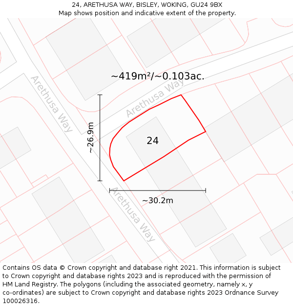 24, ARETHUSA WAY, BISLEY, WOKING, GU24 9BX: Plot and title map