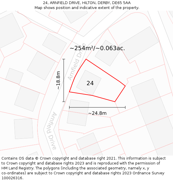 24, ARNFIELD DRIVE, HILTON, DERBY, DE65 5AA: Plot and title map