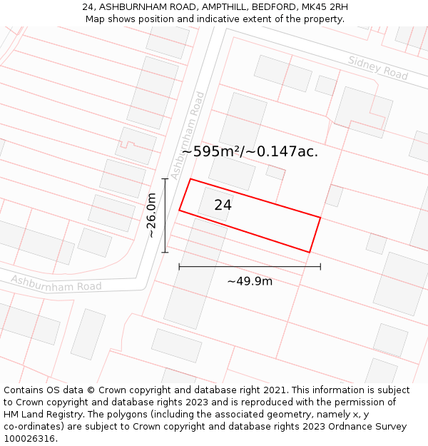 24, ASHBURNHAM ROAD, AMPTHILL, BEDFORD, MK45 2RH: Plot and title map