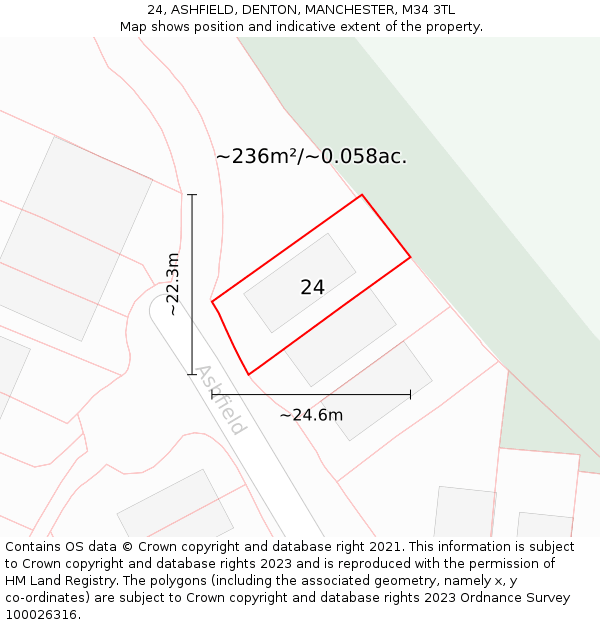 24, ASHFIELD, DENTON, MANCHESTER, M34 3TL: Plot and title map