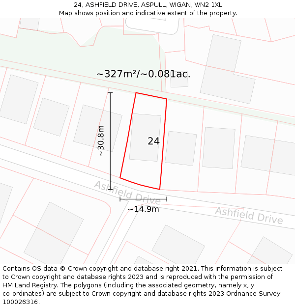 24, ASHFIELD DRIVE, ASPULL, WIGAN, WN2 1XL: Plot and title map