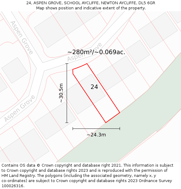 24, ASPEN GROVE, SCHOOL AYCLIFFE, NEWTON AYCLIFFE, DL5 6GR: Plot and title map
