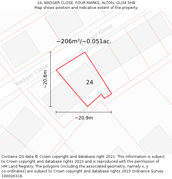 24, BADGER CLOSE, FOUR MARKS, ALTON, GU34 5HB: Plot and title map