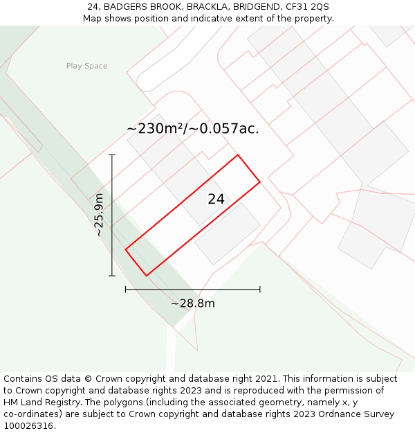 24, BADGERS BROOK, BRACKLA, BRIDGEND, CF31 2QS: Plot and title map