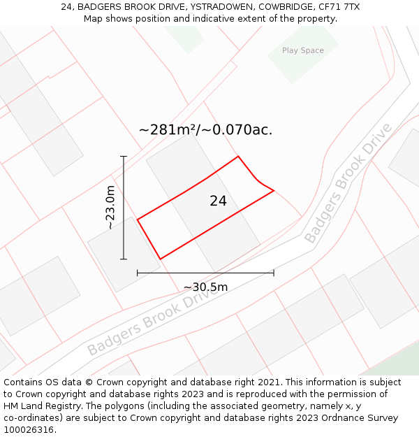 24, BADGERS BROOK DRIVE, YSTRADOWEN, COWBRIDGE, CF71 7TX: Plot and title map
