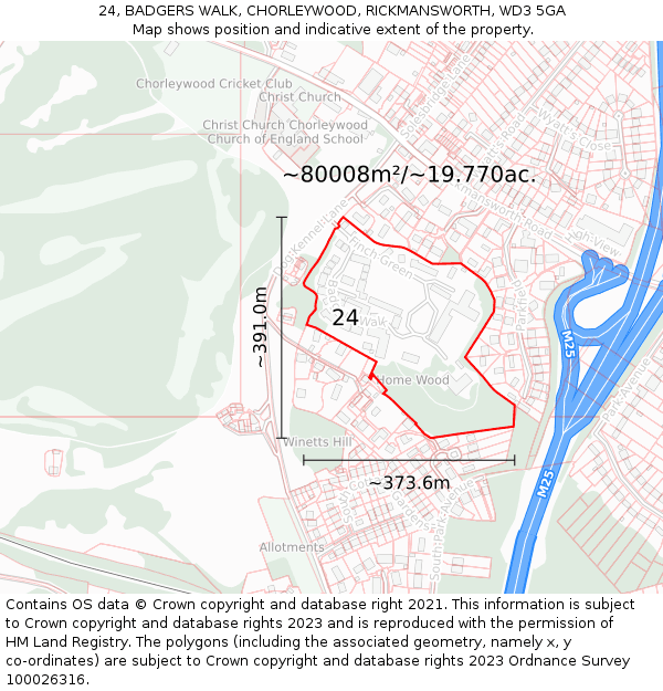 24, BADGERS WALK, CHORLEYWOOD, RICKMANSWORTH, WD3 5GA: Plot and title map