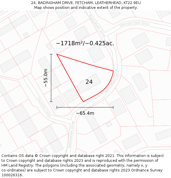 24, BADINGHAM DRIVE, FETCHAM, LEATHERHEAD, KT22 9EU: Plot and title map