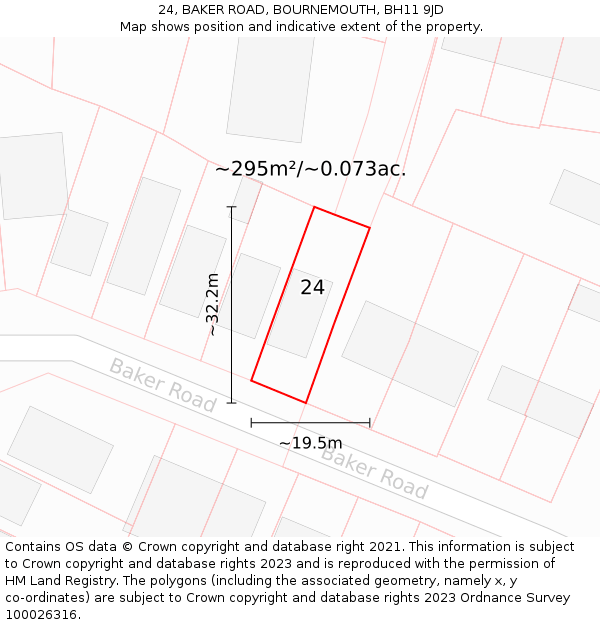 24, BAKER ROAD, BOURNEMOUTH, BH11 9JD: Plot and title map