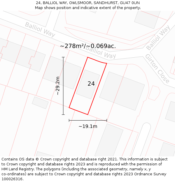 24, BALLIOL WAY, OWLSMOOR, SANDHURST, GU47 0UN: Plot and title map