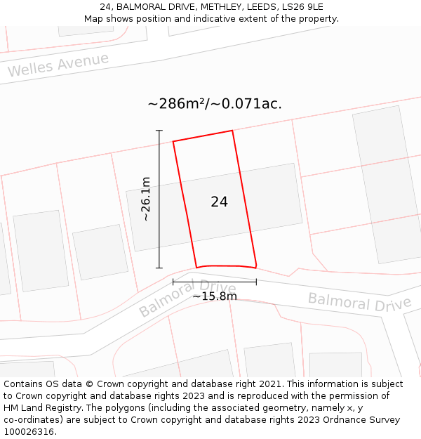 24, BALMORAL DRIVE, METHLEY, LEEDS, LS26 9LE: Plot and title map