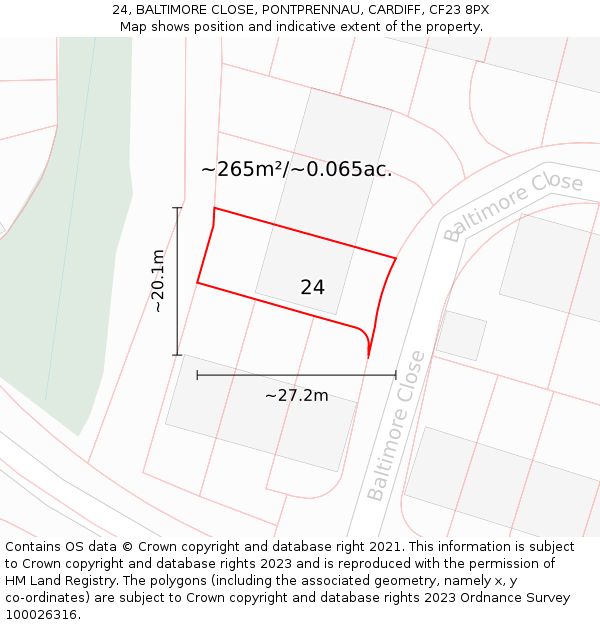 24, BALTIMORE CLOSE, PONTPRENNAU, CARDIFF, CF23 8PX: Plot and title map