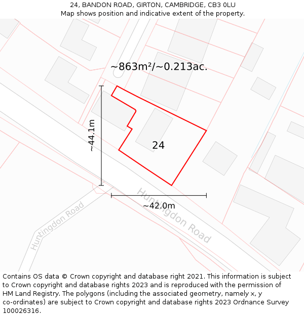 24, BANDON ROAD, GIRTON, CAMBRIDGE, CB3 0LU: Plot and title map
