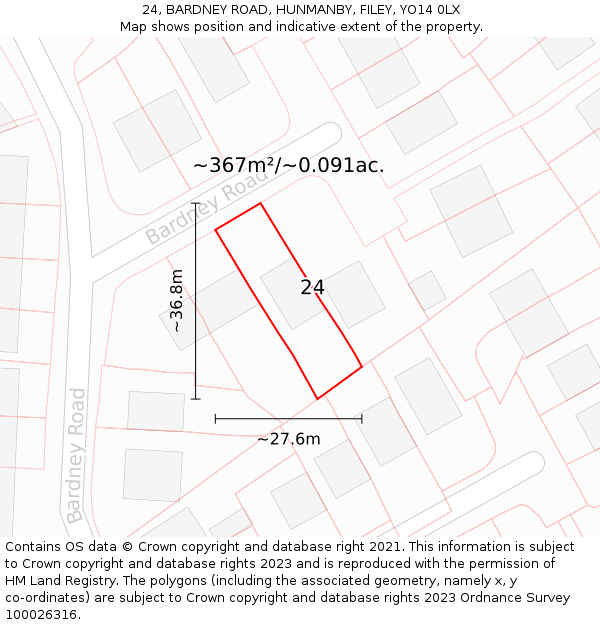 24, BARDNEY ROAD, HUNMANBY, FILEY, YO14 0LX: Plot and title map