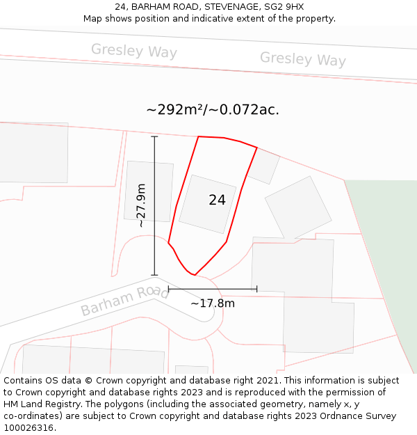 24, BARHAM ROAD, STEVENAGE, SG2 9HX: Plot and title map