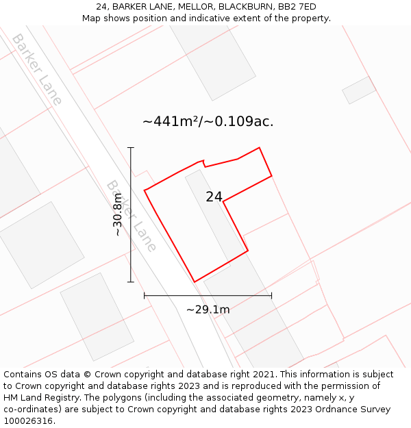 24, BARKER LANE, MELLOR, BLACKBURN, BB2 7ED: Plot and title map