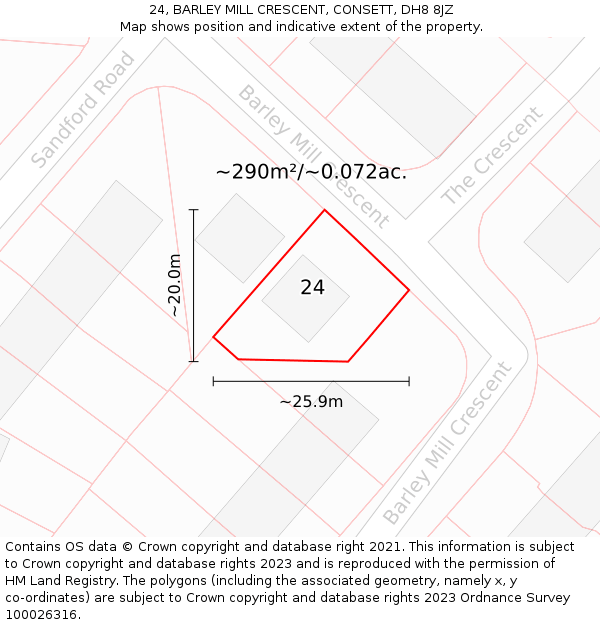 24, BARLEY MILL CRESCENT, CONSETT, DH8 8JZ: Plot and title map