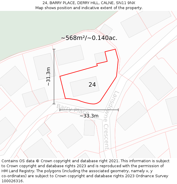 24, BARRY PLACE, DERRY HILL, CALNE, SN11 9NX: Plot and title map