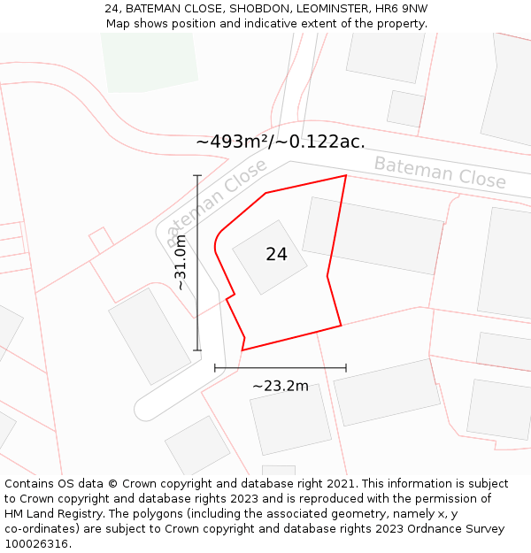 24, BATEMAN CLOSE, SHOBDON, LEOMINSTER, HR6 9NW: Plot and title map