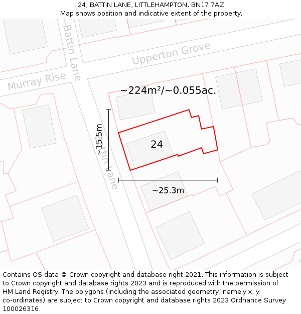 24, BATTIN LANE, LITTLEHAMPTON, BN17 7AZ: Plot and title map