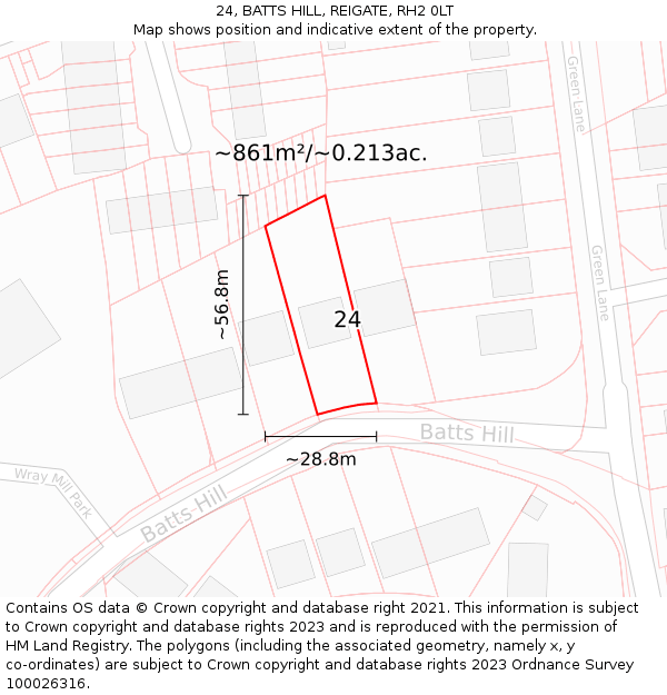 24, BATTS HILL, REIGATE, RH2 0LT: Plot and title map