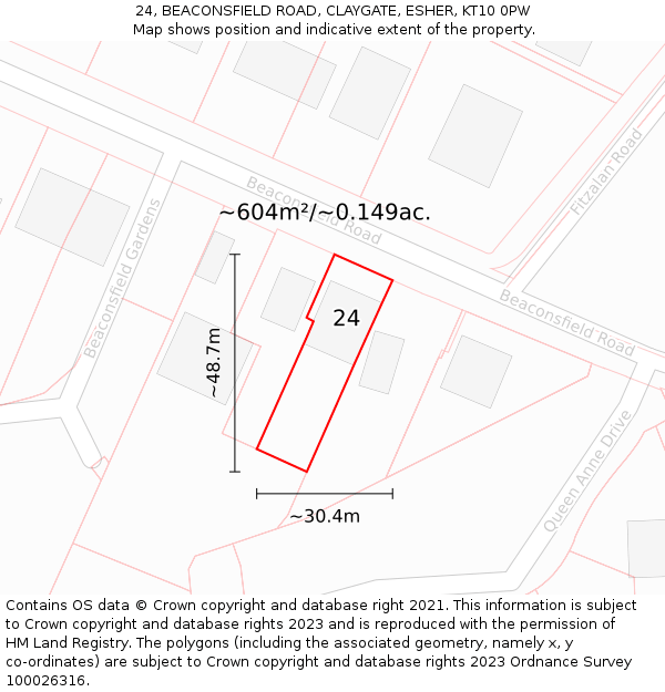 24, BEACONSFIELD ROAD, CLAYGATE, ESHER, KT10 0PW: Plot and title map