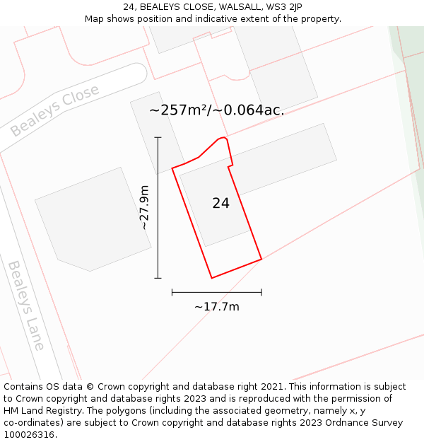 24, BEALEYS CLOSE, WALSALL, WS3 2JP: Plot and title map