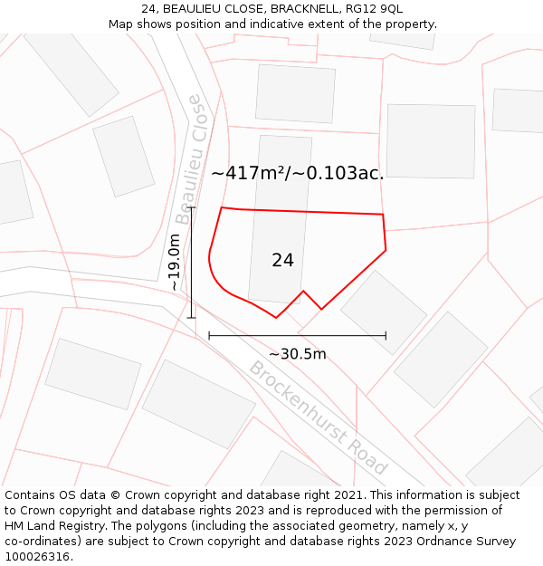 24, BEAULIEU CLOSE, BRACKNELL, RG12 9QL: Plot and title map