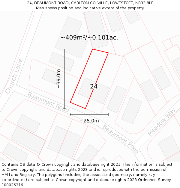 24, BEAUMONT ROAD, CARLTON COLVILLE, LOWESTOFT, NR33 8LE: Plot and title map