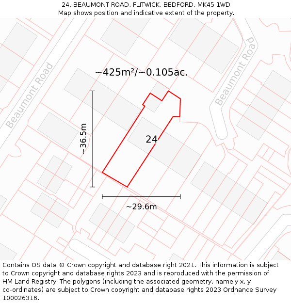 24, BEAUMONT ROAD, FLITWICK, BEDFORD, MK45 1WD: Plot and title map