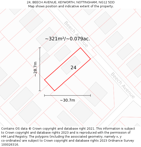 24, BEECH AVENUE, KEYWORTH, NOTTINGHAM, NG12 5DD: Plot and title map