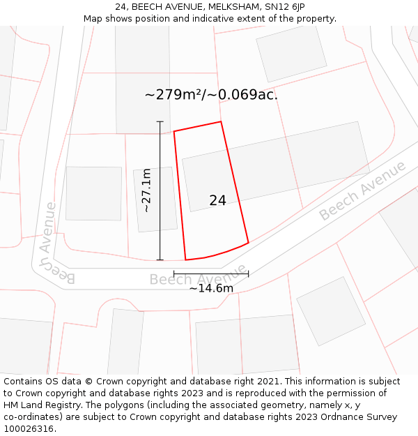 24, BEECH AVENUE, MELKSHAM, SN12 6JP: Plot and title map