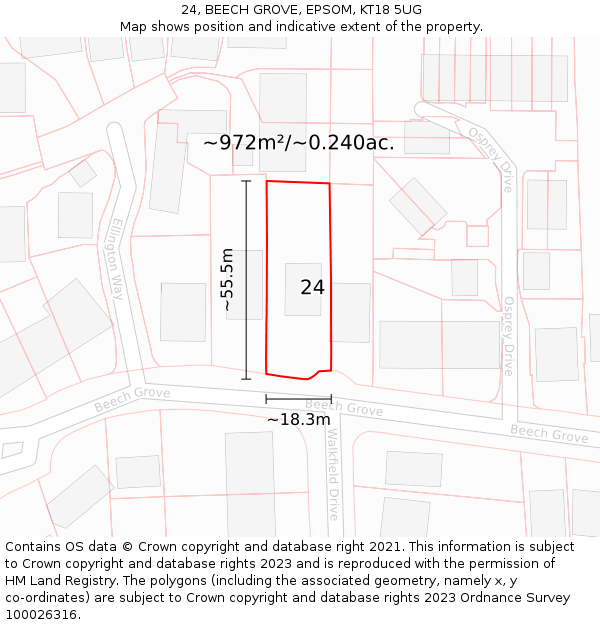 24, BEECH GROVE, EPSOM, KT18 5UG: Plot and title map