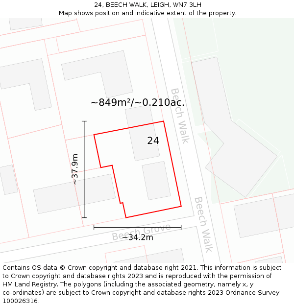 24, BEECH WALK, LEIGH, WN7 3LH: Plot and title map