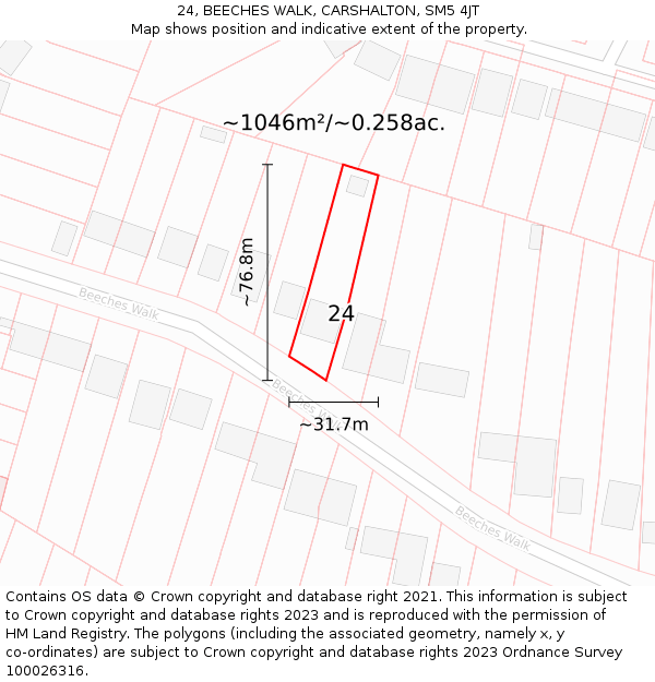 24, BEECHES WALK, CARSHALTON, SM5 4JT: Plot and title map