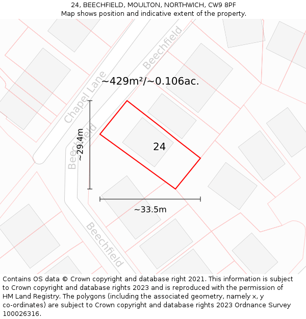 24, BEECHFIELD, MOULTON, NORTHWICH, CW9 8PF: Plot and title map