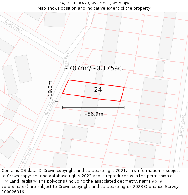 24, BELL ROAD, WALSALL, WS5 3JW: Plot and title map