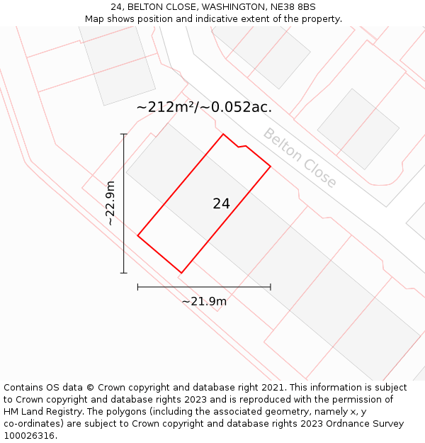 24, BELTON CLOSE, WASHINGTON, NE38 8BS: Plot and title map
