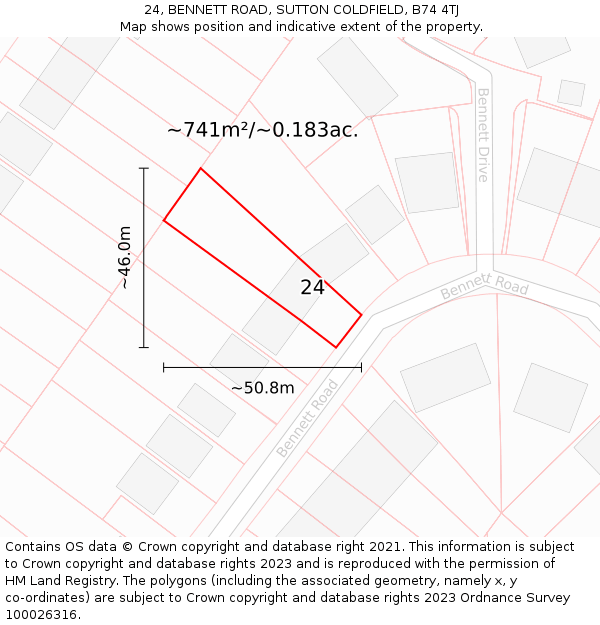 24, BENNETT ROAD, SUTTON COLDFIELD, B74 4TJ: Plot and title map