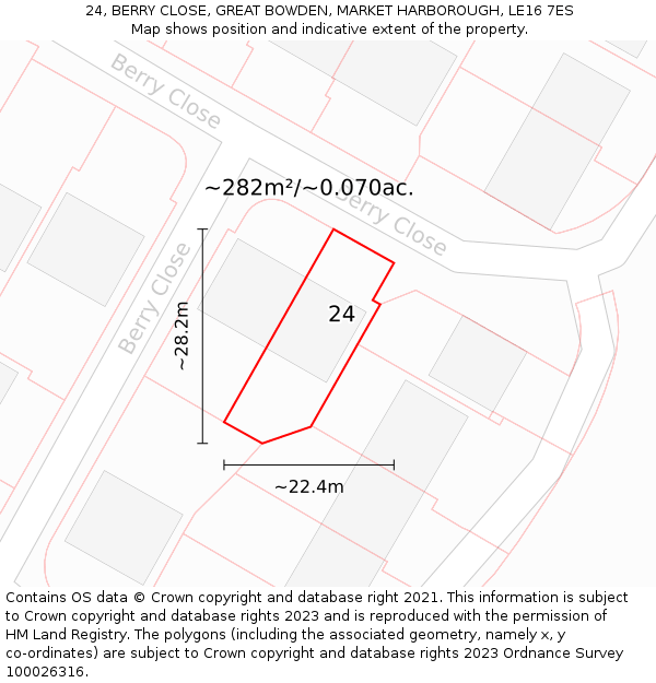 24, BERRY CLOSE, GREAT BOWDEN, MARKET HARBOROUGH, LE16 7ES: Plot and title map