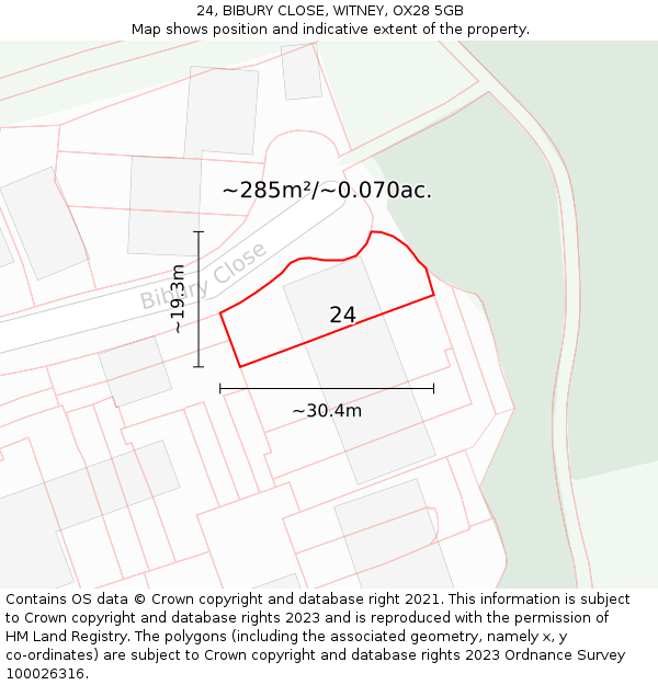 24, BIBURY CLOSE, WITNEY, OX28 5GB: Plot and title map