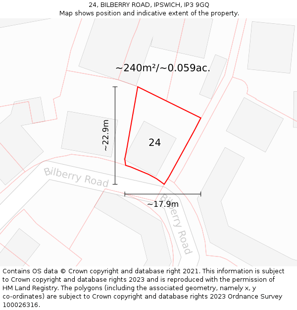 24, BILBERRY ROAD, IPSWICH, IP3 9GQ: Plot and title map