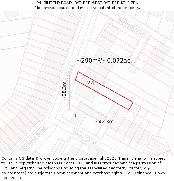 24, BINFIELD ROAD, BYFLEET, WEST BYFLEET, KT14 7PN: Plot and title map