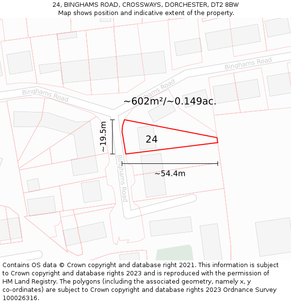 24, BINGHAMS ROAD, CROSSWAYS, DORCHESTER, DT2 8BW: Plot and title map