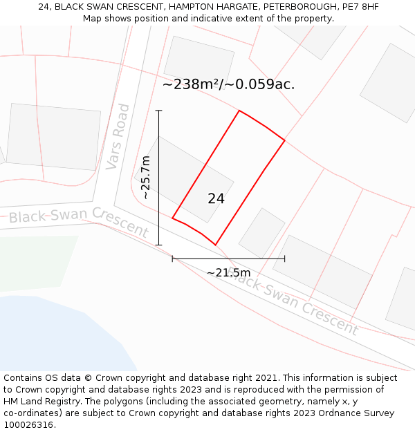 24, BLACK SWAN CRESCENT, HAMPTON HARGATE, PETERBOROUGH, PE7 8HF: Plot and title map